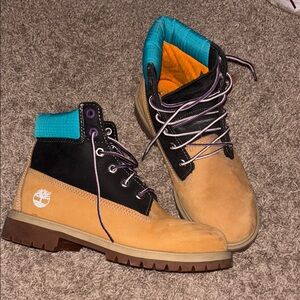 Timberland Tan and Black Boots with Teal Accents